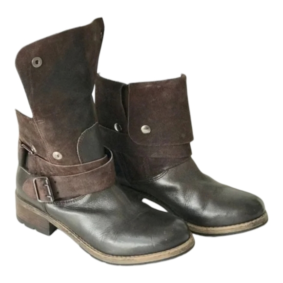 Clarks Shoes - Clarks Volara Sky Boots 9 Brown Leather Suede Foldover Moto Ankle Boots Harness
